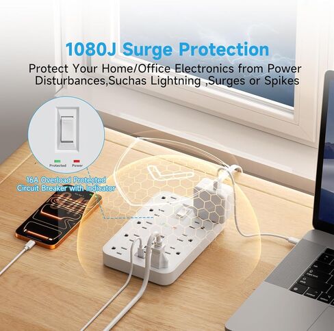 سلك تمديد مسطح مع منافذ USB وUSBC، سلك تمديد بطول 5 أقدام مع 10 منافذ تيار متردد 6 USB، مفتاح واحد ومؤشرين LED، محطة شحن USB لأجهزة متعددة، للمنزل والمكتب وأساسيات النوم in Kuwait