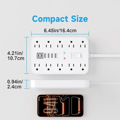 سلك تمديد مسطح مع منافذ USB وUSBC، سلك تمديد بطول 5 أقدام مع 10 منافذ تيار متردد 6 USB، مفتاح واحد ومؤشرين LED، محطة شحن USB لأجهزة متعددة، للمنزل والمكتب وأساسيات النوم in Kuwait