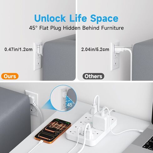 سلك تمديد مسطح مع منافذ USB وUSBC، سلك تمديد بطول 5 أقدام مع 10 منافذ تيار متردد 6 USB، مفتاح واحد ومؤشرين LED، محطة شحن USB لأجهزة متعددة، للمنزل والمكتب وأساسيات النوم in Kuwait