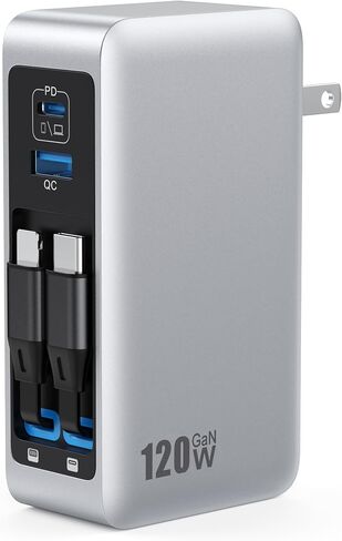 كتلة شاحن USB C بقدرة 120 وات مع كابلين مدمجين قابلين للسحب، شاحن 4 في 1 GaN IV شحن سريع شاحن حائط قابل للطي، شاحن كمبيوتر محمول PD 65 وات لأجهزة MacBook وiPad وiPhone 17/16/15/14 وGalaxy وAndroid وغيرها in Kuwait