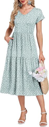 WNEEDU Summer Dresses for Women 2026 Casual V Neck Cap Sleeve Tiered Swing Flowy Midi Dress Beach Vacation Sundress in Saudi Arabia