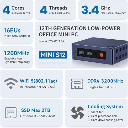 Beelink MINI S12 Mini PC,Intel 12th Gen Alder Lake-N95 Processor(4C/4T,up to 3.4GHz),Mini Computer 8GB DDR4 RAM 256GB SSD,Support 4K Dual Display,WiFi 5/BT4.2/USB3.2/2.5G LAN/WOL/Auto Power On in Kuwait
