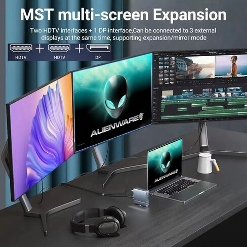 قاعدة إرساء لأجهزة Dell Alienware m17 m16 m15 x17 x16 x15 x14 Area-51m 16 Aurora Gaming Laptop، 15 في 1 USB C مع قاعدة دوارة 360 درجة، 2*4K HDMI و1*DP، نقل منفذ USB 10 جيجابت في الثانية، RJ45، صوت، SD/TF in Saudi Arabia