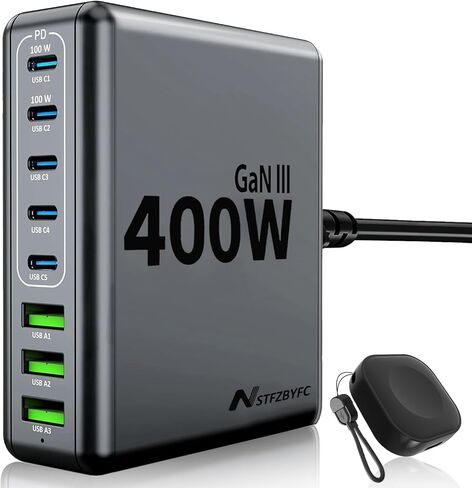 400W USB C Charger Block 8 Port Fast Charging Station with iWatch Fast Wireless Charger Upgraded 9 in 1 GaN III PD 100W Laptop Charger Adapter Compatible with MacBook Pro/Air, iPhone16/15, Galaxy in Saudi Arabia