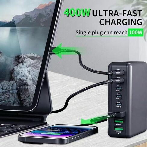 400W USB C Charger Block 8 Port Fast Charging Station with iWatch Fast Wireless Charger Upgraded 9 in 1 GaN III PD 100W Laptop Charger Adapter Compatible with MacBook Pro/Air, iPhone16/15, Galaxy in Saudi Arabia