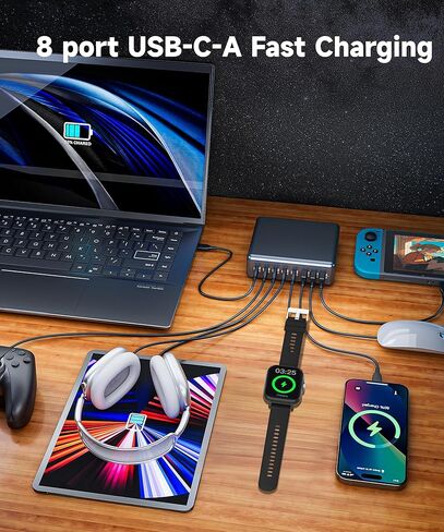 400W USB C Charger Block 8 Port Fast Charging Station with iWatch Fast Wireless Charger Upgraded 9 in 1 GaN III PD 100W Laptop Charger Adapter Compatible with MacBook Pro/Air, iPhone16/15, Galaxy in Saudi Arabia