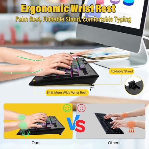 لوحة مفاتيح بلوتوث لاسلكية ممتازة متعددة الاستخدامات، إضاءة خلفية 8 RGB، لمسة صامتة أقل ضوضاء 95%، مسند معصم مريح، سلكي قابل لإعادة الشحن، ثلاثي الوضع BT5.0/2.4 جيجا هرتز/USB C، مثالي للألعاب/كمبيوتر الكمبيوتر الشخصي/Mac in Kuwait