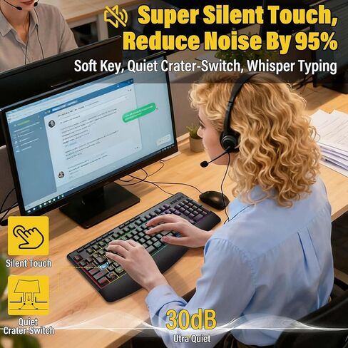 لوحة مفاتيح بلوتوث لاسلكية ممتازة متعددة الاستخدامات، إضاءة خلفية 8 RGB، لمسة صامتة أقل ضوضاء 95%، مسند معصم مريح، سلكي قابل لإعادة الشحن، ثلاثي الوضع BT5.0/2.4 جيجا هرتز/USB C، مثالي للألعاب/كمبيوتر الكمبيوتر الشخصي/Mac in Kuwait