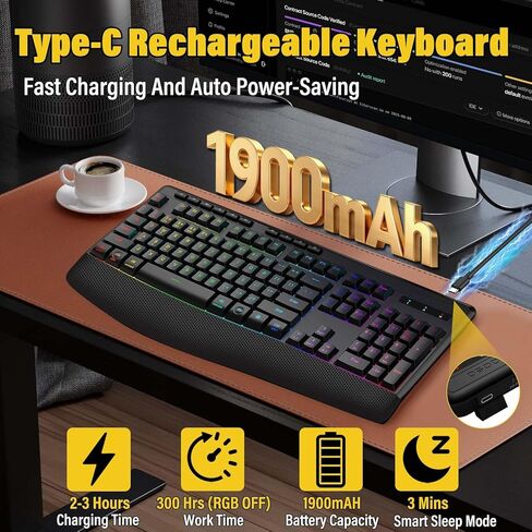 لوحة مفاتيح بلوتوث لاسلكية ممتازة متعددة الاستخدامات، إضاءة خلفية 8 RGB، لمسة صامتة أقل ضوضاء 95%، مسند معصم مريح، سلكي قابل لإعادة الشحن، ثلاثي الوضع BT5.0/2.4 جيجا هرتز/USB C، مثالي للألعاب/كمبيوتر الكمبيوتر الشخصي/Mac in Kuwait