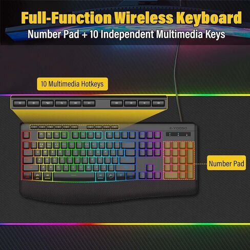 لوحة مفاتيح بلوتوث لاسلكية ممتازة متعددة الاستخدامات، إضاءة خلفية 8 RGB، لمسة صامتة أقل ضوضاء 95%، مسند معصم مريح، سلكي قابل لإعادة الشحن، ثلاثي الوضع BT5.0/2.4 جيجا هرتز/USB C، مثالي للألعاب/كمبيوتر الكمبيوتر الشخصي/Mac in Kuwait