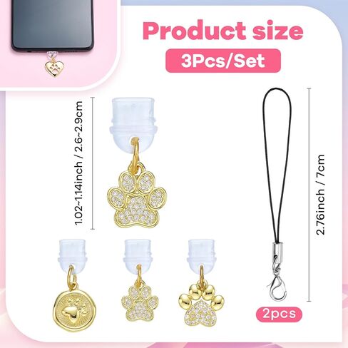 3 Pcs Golden Dust Plug Charm Type C USB C Dust Plug with Brass Pendant Cute Charging Port Protector for Most Type C Devices Phone E-Reader Accessories in Saudi Arabia