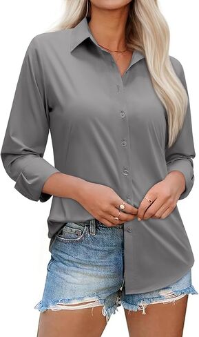 siliteelon Womens Button Down Shirt: Dress Shirt Collared Long Sleeve Shirt Tailored Waist Casual Work Blouse in Saudi Arabia