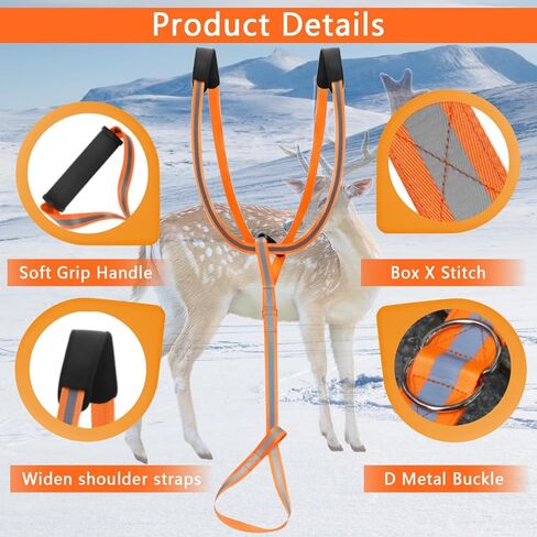 Deer Drag Harness Heavy Duty Orange Deer Drag Rope with Reflective Strip Soft Handle and Widened Shoulder Strap 400lb Capacity Deer Drag Set Perfect Men's Hunting Accessories and Gift for Hunters in Saudi Arabia