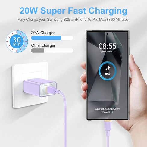 USB C Fast Charger for Samsung A36 A17 A56 5G A16 A26 S25 S24 A15 A55, 20W Type C Super Fast Wall Charger Block with 6FT USB C to C Cable for iPhone 17 Air 16 e 16 15 Google Pixel 10 Pro XL/9 Pro/8/7 in Saudi Arabia