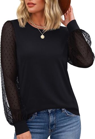 YUCOLEN قمصان طويلة الأكمام للنساء الدانتيل متأنق بلوزات فضفاضة غير رسمية الأعمال طاقم الرقبة بلوزات لطيف 2026 العصرية تونك in Kuwait