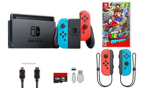 Nintendo Switch Bundle (6 items): 32GB Console Neon Red Blue Joy-con, Game Disc Super Mario Odyssey, Extra Pair of Joy-con Red and Blue,128GB Micro SD Card, Type C Cable, HDMI Cable in Saudi Arabia