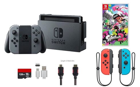 Nintendo Switch Bundle (7 items): 32GB Console Gray Joy-con, 128GB Micro SD, Joy-Con (L/R)-Neon Red/Neon Blue, Splatoon 2 Game Disc, Type C Cable, Wall Charger in Saudi Arabia