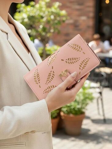 Women's Long Leather Purse - Botanical Embossed Card Holder Purses Zipper Buckle Clutch Wallet Pink in Saudi Arabia