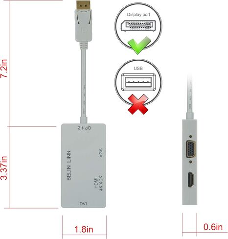 DP to HDMI VGA DVI Adapter Displayport to HDMI 4K Adapter 3 in 1 Display Port to HDMI VGA DVI Converter Male to Female Gold-Plated (Diamond Shaped) (4K Rectangle White) in Saudi Arabia