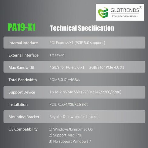 محول GLOTRENDS PA19-X1 M.2 NVMe SSD إلى PCIe 5.0 X1، دعامة عادية ومنخفضة المستوى، تركيب PCIE X1 in Saudi Arabia