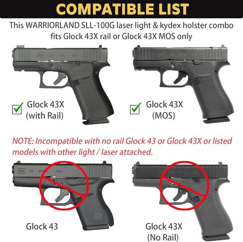 WARRIORLAND Pistol Light Laser & Holster Combo, Compatible with Glock 43X MOS/Rail, Not Fit No Railed 43 / 43X, Compact 150-Lumen Trigger Tactical Light with Green Laser White LED & IWB Holster in Saudi Arabia