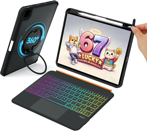 لجهاز iPad A16 11th/10th Gen & Air 11" M3/M2 & 5th/4th Gen & Pro 11" 4/3/2/1 Gen لوحة المفاتيح، قابلة للدوران 360 درجة وقابلة للفصل، حماية كاملة للحافة، لوحة لمس كبيرة، حامل قلم ونصائح، إضاءة خلفية بـ 7 ألوان in Kuwait