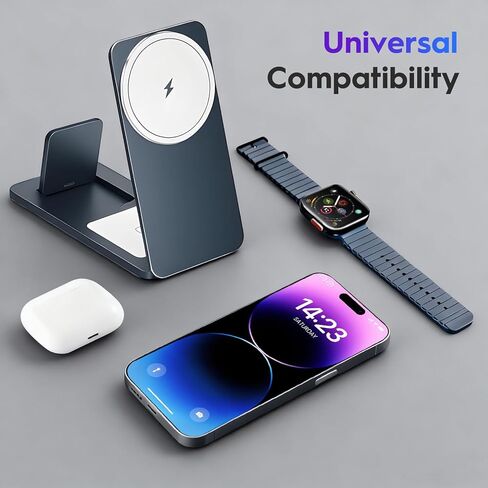 3-in-1 Wireless Charging Station, Foldable Magnetic Charger Stand Compatible with iPhone, Apple Watch, AirPods, 15W Fast Charging, Portable Travel Dock in Saudi Arabia