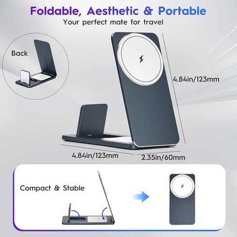 3-in-1 Wireless Charging Station, Foldable Magnetic Charger Stand Compatible with iPhone, Apple Watch, AirPods, 15W Fast Charging, Portable Travel Dock in Saudi Arabia