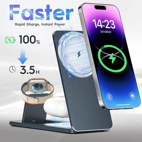 3-in-1 Wireless Charging Station, Foldable Magnetic Charger Stand Compatible with iPhone, Apple Watch, AirPods, 15W Fast Charging, Portable Travel Dock in Saudi Arabia