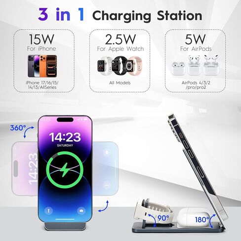 3-in-1 Wireless Charging Station, Foldable Magnetic Charger Stand Compatible with iPhone, Apple Watch, AirPods, 15W Fast Charging, Portable Travel Dock in Saudi Arabia