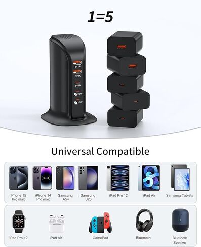 USB Charger 5 Ports USB C Charging Station PD 20W Fast Charging Hub for Multiple Devices iPhone, iPad and Tablets in Saudi Arabia