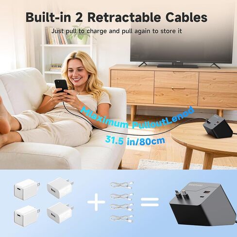 4 in 1 Retractable Charger Station with Dual Cables, 40W Retractable Phone Charger with Dual USB Ports, 20W USB-C Desktop Fast Charging for iPhone 17 16 15 14 13 12 11, LG, Galaxy S24 23, Pixel in Saudi Arabia