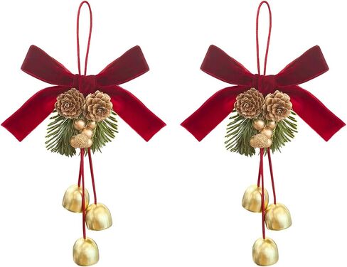 2 PCS Red Christmas Bows with Bells and Pine Cone Pine Needle Hanging Christmas Tree Topper Christmas Wreath Decorative Velvet Bow Ornaments Decor for Xmas Party Decoration in Saudi Arabia