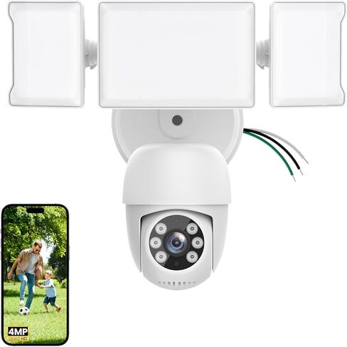 Olafus Floodlight Camera Outdoor，5500LM Motion Sensor Light with Camera，2K HD Home Security Light Wired，Color Night Vision，Two-Way Audio，7/24 Record，Works with Alexa/Google （White） in Kuwait