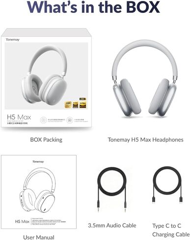 سماعات رأس H5Max بخاصية إلغاء الضوضاء النشطة، سماعات فوق الأذن لاسلكية بلوتوث 6.0، وقت تشغيل 130 ساعة، خفيفة الوزن، التحكم في التطبيقات، صوت عالي الدقة، مريحة للسفر/الكمبيوتر/المنزل/التمرين، فضي in Kuwait