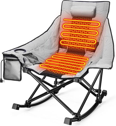 Slendor Heated Camping Chair, Oversized Heated Rocking Chair with Padded Pillow, 3 Adjustable Heat Settings Portable Folding Chair for Outdoor & Indoor Use, Gray, NO Power Bank in Saudi Arabia