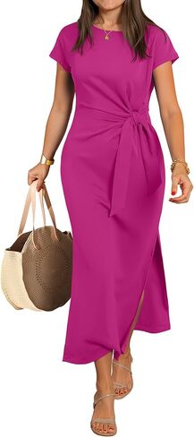 ANRABESS Womens Summer Maxi Dress Casual Crew Neck Tie Waist Split Wrinkle-Free Fit Long Fashion Vacation Dresses 2026 Spring in Kuwait