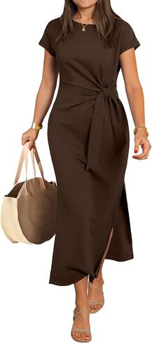ANRABESS Womens Summer Maxi Dress Casual Crew Neck Tie Waist Split Wrinkle-Free Fit Long Fashion Vacation Dresses 2026 Spring in Kuwait