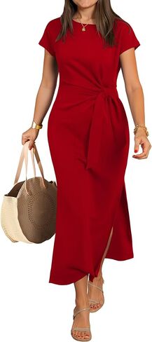 ANRABESS Womens Summer Maxi Dress Casual Crew Neck Tie Waist Split Wrinkle-Free Fit Long Fashion Vacation Dresses 2026 Spring in Kuwait