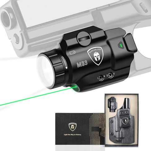 مصباح مسدس WARRIORLAND MB3 وحافظة Kydex بمخلب، يناسب Taurus G2C/G3C/PT111 G2/PT140 G2، ضوء سلاح تكتيكي مدمج بقدرة 500 لومن مثبت على السكك الحديدية العالمية مع ليزر أخضر ومصباح LED أبيض in Kuwait