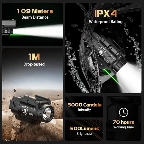 مصباح مسدس WARRIORLAND MB3 وحافظة Kydex بمخلب، يناسب Taurus G2C/G3C/PT111 G2/PT140 G2، ضوء سلاح تكتيكي مدمج بقدرة 500 لومن مثبت على السكك الحديدية العالمية مع ليزر أخضر ومصباح LED أبيض in Kuwait