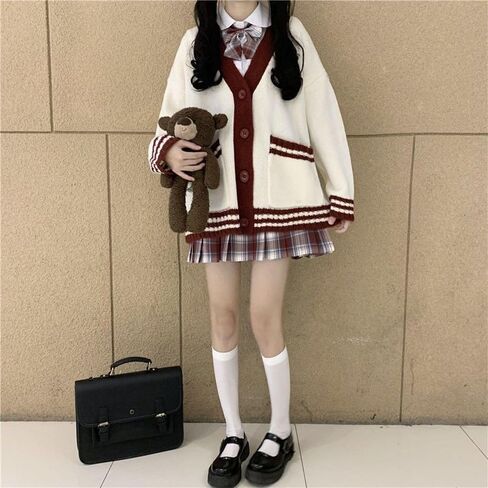 FindThy Women’s V-Neck Cardigan Sweater Preppy Vintage Oversized Long Sleeve Color Block Knit Jacket Coat in Saudi Arabia