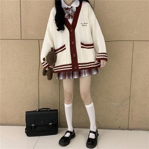 FindThy Women’s V-Neck Cardigan Sweater Preppy Vintage Oversized Long Sleeve Color Block Knit Jacket Coat in Saudi Arabia