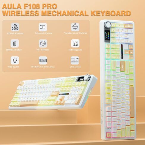 Aula F108 PRO - لوحة مفاتيح ميكانيكية لاسلكية مع شاشة ومقبض، لوحة مفاتيح ألعاب قابلة للتبديل السريع مع بطارية 8000 مللي أمبير في الساعة، ومفاتيح مشحمة مسبقًا، وإضاءة خلفية RGB، ولوحات مفاتيح كمبيوتر ذات صوت كريمي، و104 مفاتيح (متجددة) in Kuwait