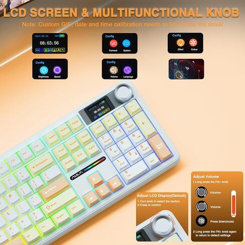 Aula F108 PRO - لوحة مفاتيح ميكانيكية لاسلكية مع شاشة ومقبض، لوحة مفاتيح ألعاب قابلة للتبديل السريع مع بطارية 8000 مللي أمبير في الساعة، ومفاتيح مشحمة مسبقًا، وإضاءة خلفية RGB، ولوحات مفاتيح كمبيوتر ذات صوت كريمي، و104 مفاتيح (متجددة) in Kuwait