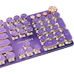 TISHLED Typewriter Style Mechanical Gaming Keyboard White LED Backlit 104-Key NKRO Pink Switches Retro Round Keycaps Golden Ring Volume Knob Metal Panel Wired USB-C Detachable Cable, Purple