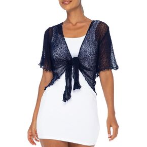 Back From Bali Womens Sheer Shrug Short Sleeve Open Front Cardigan Lightweight Knit Sweater Tie Top