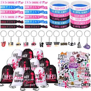 Inbagi 98 Pcs Cheerleader Party Favors Cheer Stuff Set Include 12 Cheerleading Bags, 12 Motivational Cheer Bracelets, 12 Keychain, 12 Hair Ties and 50 Stickers for Cheer Gifts Bulk for Team Girls