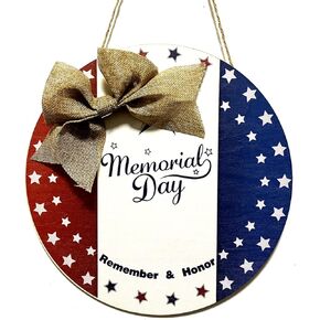 Memorial Day Wooden Patriotic Decoration Hanging Door Porch Sign Decor American Memorial Day Flag Star Wood Sign Plaque with Rope for Home Decor Wall Art Sign, 11.8inch
