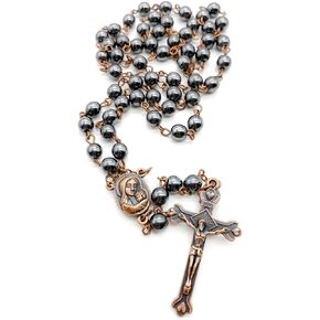Nazareth Store unisex-adult Hematite Rosary Black Stone Beads Necklace with Jerusalem Holy Soil & Cross Antique Religious Rosaries Beads Collection